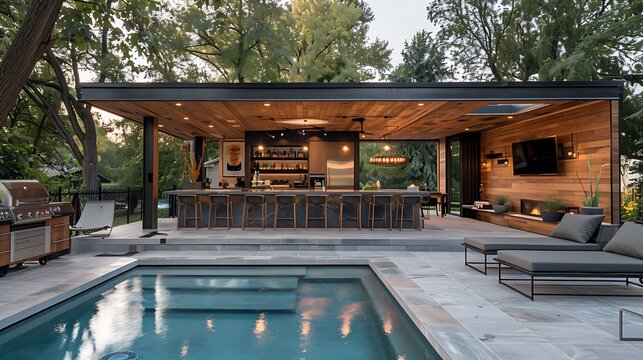 Outdoor dining room bar and swimming pool