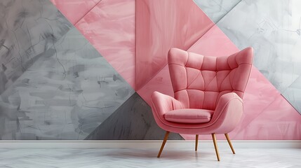 Pink chair on the background of a wall with geometric shapes in pink and gray colors