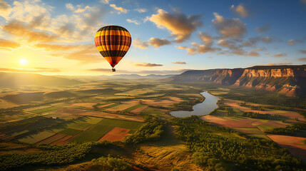 hot air balloon soaring high in the sky, symbolizing business growth and success