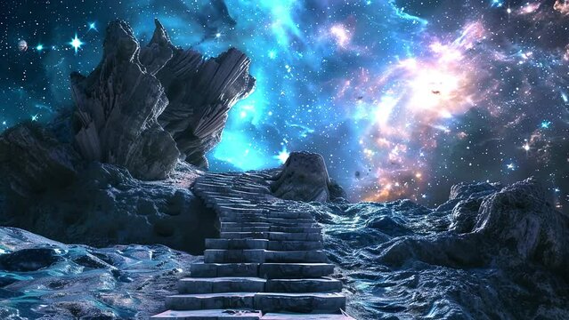 fantasy bridge in the space 3D rendering fantasy background. seamless looping overlay 4k virtual video animation background