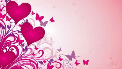 Decorative card template with hearts and butterflies background. Love and Valentine's concept. Isolated for Happy Mother's Day celebration. Romance, illustration, holiday design. pink color