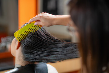 Hairdresser gently brushes woman's long, black hair, showcasing professional styling in a salon...