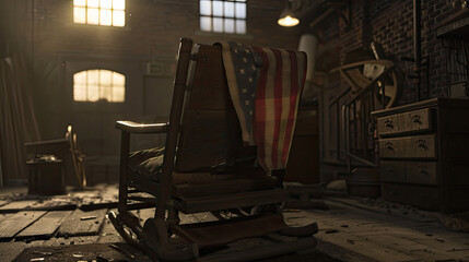 A vintage rocking chair draped with the American flag in a dimly lit dusty attic room with wooden floors and brick walls