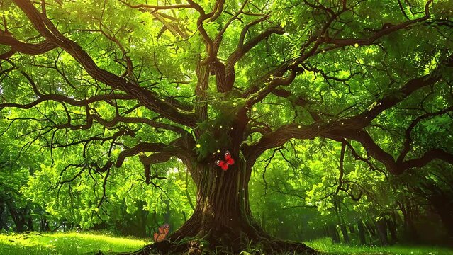 majestic tree in green forest. seamless looping overlay 4k virtual video animation background