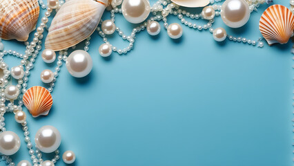light sea blue background with shells and pearls with copy space. Generative AI - obrazy, fototapety, plakaty