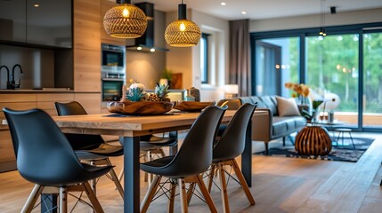 Fototapeta premium Stylish dining room interior with design wooden family table black chairs and elegant accessories in modern home decor