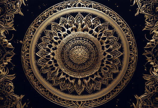 background Ethnic mandala black vintage Gold pattern Flower Design Isolated Frame Art Easter Label Gift Sun Retro Template Certificate Line Color Luxury Wallpaper Asian Lace Ornament Old