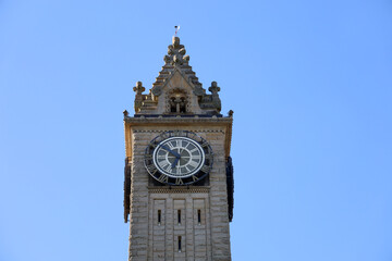 View of the tower with clock at the Bowling Green Municipal Court building in Bowling Green Ohio....