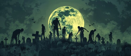 A dramatic scene of zombies awakening in a cemetery their silhouettes visible against the backdrop of a gloomy moonlit sky - obrazy, fototapety, plakaty