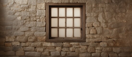 A rectangular window fixture made of wood is set into a stone wall, adding a touch of symmetry to the brickwork facade of the building