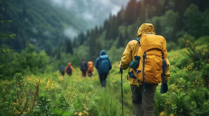 Group of hikers with colorful backpacks walking in mountains among lush green vegetation. Rear view. Adventure, travel, tourism, hiking and people friendship concept. Outdoor activity. - obrazy, fototapety, plakaty