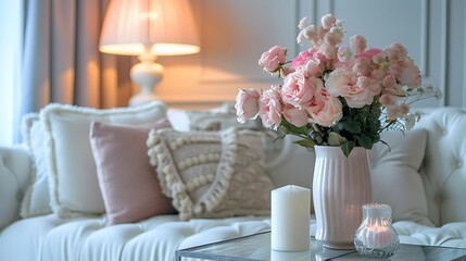 Fototapeta na wymiar White elegant sofa pink lamp and flowers on metal table in a living room interior