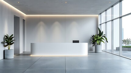 Fototapeta premium White reception desk standing in a white office corridor with a concrete floor