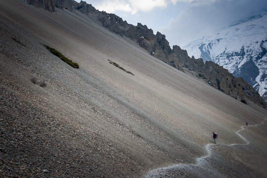 Trail to Tilicho Lake, Himalayan Mountains of Nepal. Annapurna circuit trek
