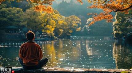 Rear view of a young man relaxing by a lake in a forest. Boy sitting on the shore, watching beautiful autumn landscape. Adventure, travel, tourism and leisure concept. - Powered by Adobe
