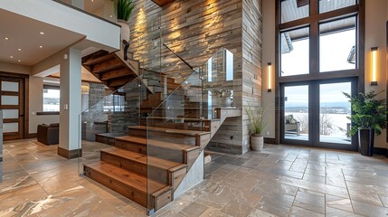 Wooden staircase with glass railings and wooden handrail