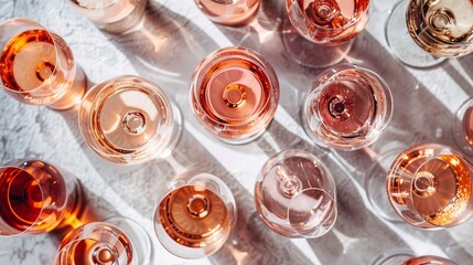Many glasses of rose wine on white background. Top view, flat lay design. Direct sunlight with strong shadows. Toned image. Concept of rose wine, wine tasting and variety.