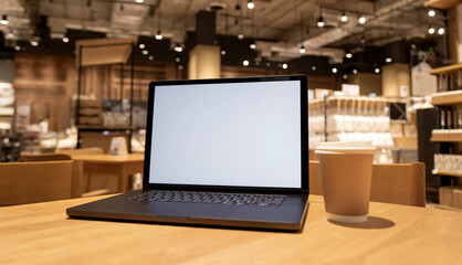 selective focus, laptop with blank screen on wood table in with coffee cafe background.