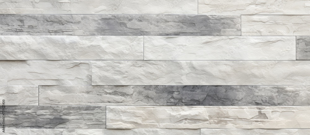 Poster a closeup image showcasing a rectangular pattern of white and gray stone bricks forming a wall, with