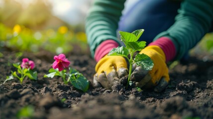 Close-up of female hands in gloves planting purple flowers into the soil in home garden. Gardener decorates a flower bed on a warm spring day. Spring and gardening concept. - Powered by Adobe