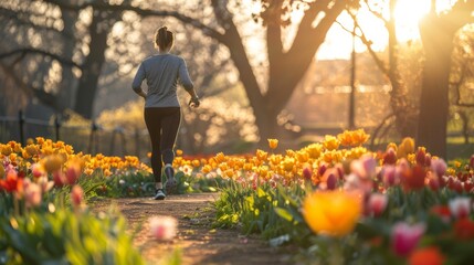 Rear view of a woman running along a park alley surrounded by bright colorful flowers. Female athlete jogging in the park on a beautiful spring morning. Outdoor activity and recreation concept.