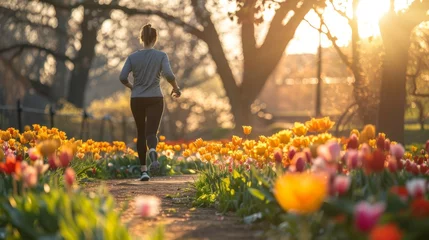 Tuinposter Rear view of a woman running along a park alley surrounded by bright colorful flowers. Female athlete jogging in the park on a beautiful spring morning. Outdoor activity and recreation concept. © Fat Bee