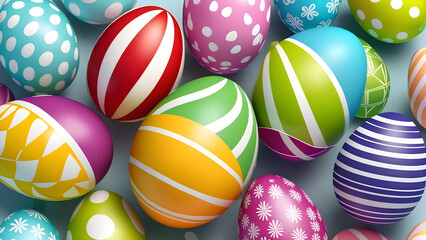 Fototapeta na wymiar Easter eggs vector set design e in 3d realistic colorful. Easter eggs on a white colorful background. 