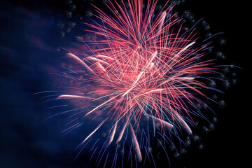 Volleys of beautiful fireworks in the night sky