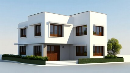 Modern two-story house with white facade and large windows on a clear day.