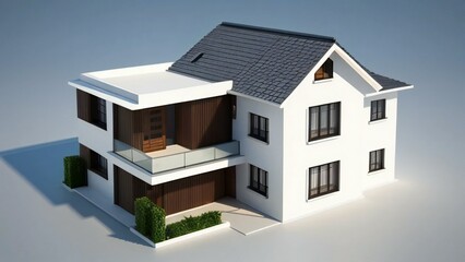 Modern two-story house with white walls and solar panels on the roof, isolated on a white background.