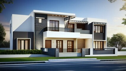 Modern two-story house with a sleek design featuring a flat roof, large windows, and a mix of white and dark gray exterior walls.
