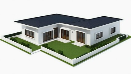 Modern single-story house with a flat roof, white walls, and green lawn on an isolated background.