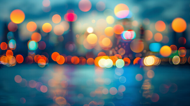 Blurred lights in the background, Evening cityscape, Bokeh effect, Warm and cool light mix