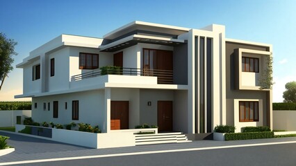 Modern two-story house with a flat roof, balcony, and stylish exterior design on a clear day.