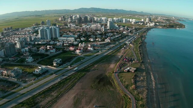 flying from a drone over the road. view of the city of Iskele. Northern Cyprus