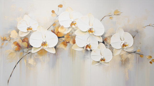 Abstract floral oil painting. Gold and white orchids o