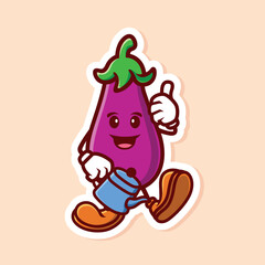 vector cute cartoon character of eggplant watering isolated
