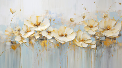 Abstract floral oil painting. Gold flowers on pastel b