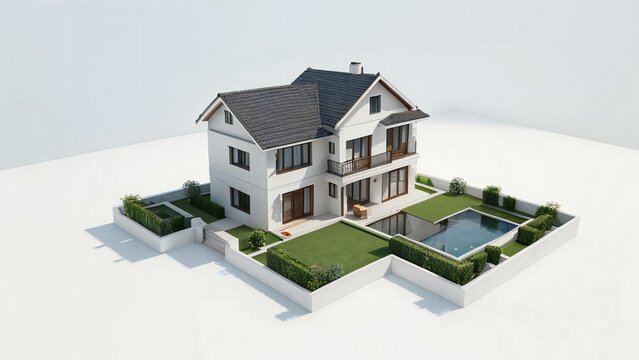 Modern two-story house with pool and garden on white background, 3D illustration.