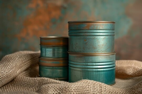 Stacked unopened cans on sackcloth against green wall. Vintage colored tins with canned food.