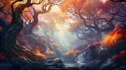 Abstract magical fantasy woods  vibrant autumn fall 