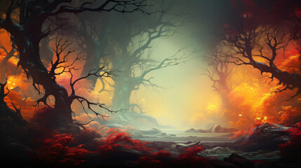 Abstract magical fantasy woods  vibrant autumn fall 