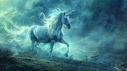 Obraz na płótnie Canvas Legendary unicorn illustration, a depiction that captures the heart of all who believe in the magic of the old worlds.