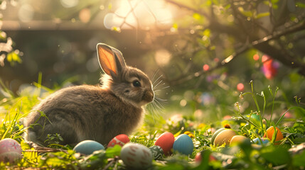 Easter Cute Bunny In Sunny Garden With Decorated Eggs. Easter eggs in a field with a bunny in the grass - obrazy, fototapety, plakaty