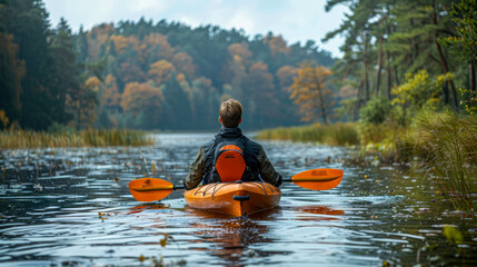 A man in a yellow jacket with a backpack sits on a kayak on the shore of a mountain lake and looks at the mountains
