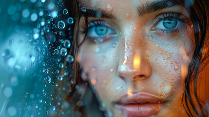 Close-up portrait of a face of a beautiful girl with raindrops on the glass