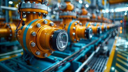 Obraz premium Refinery plant with industrial equipment in orange light with lots of details