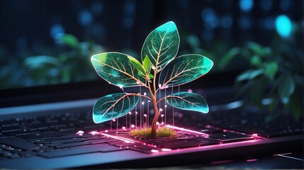 Supper Technology Concept, Glowing plant growing on computer chip representing digital ecology business and blurred background	