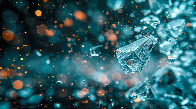 Ice crystals on a black background. Macro shot with shallow depth of field