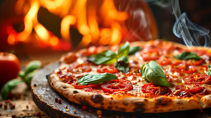 Traditional Italian Margherita pizza, whole pie on a stone oven tray, thin crust, evenly spread crushed tomatoes, bubbling mozzarella, garnished with fresh basil, oven fire in the background